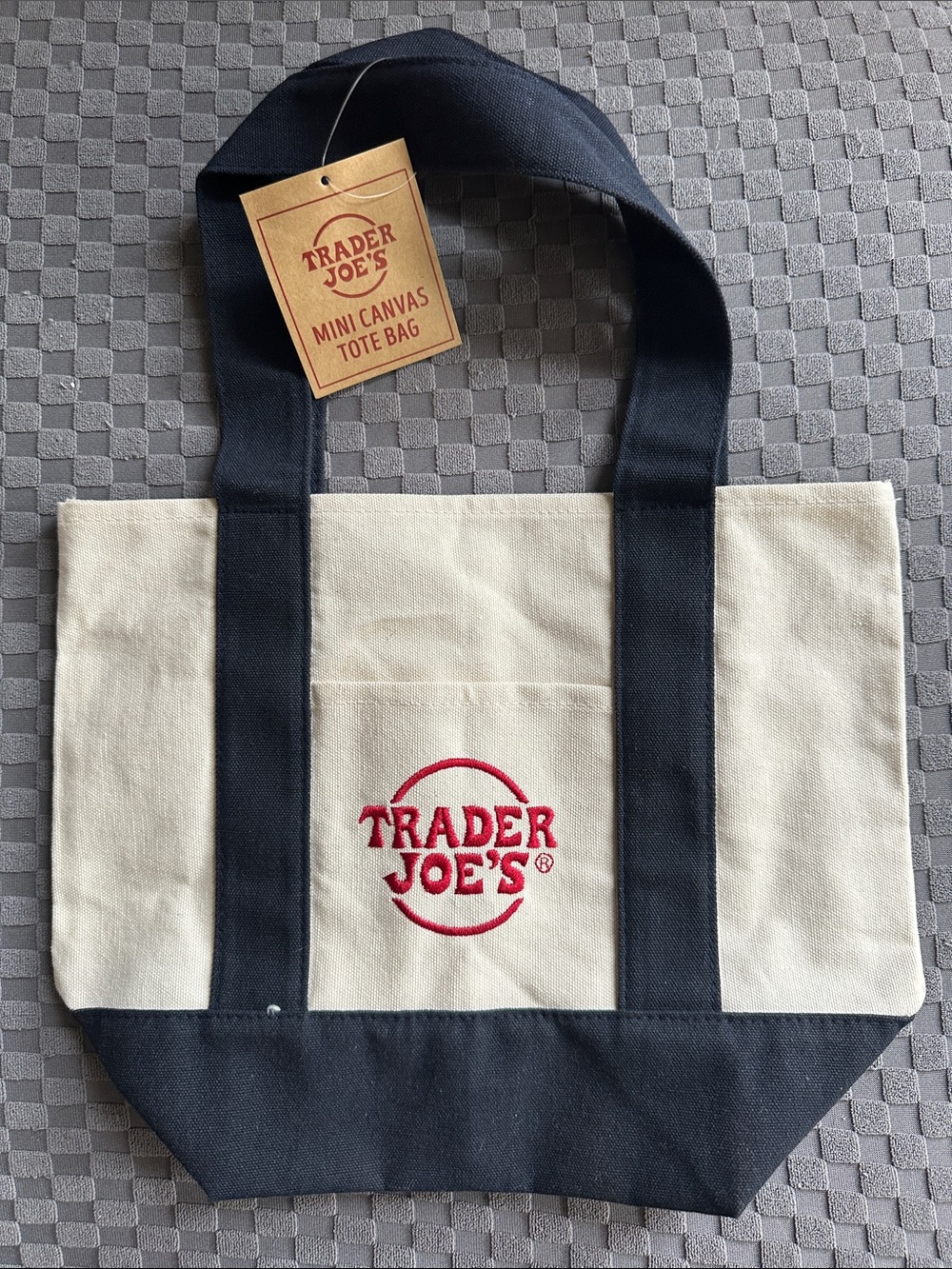 Cream and Black Mini Canvas Tote Bag with Red Logo